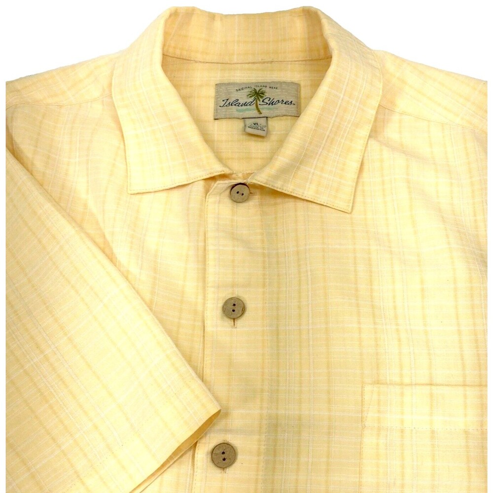 Island Shores Vtg Hawaiian Shirt Plaid Yellow Orange XL Rayon Summer Camp Y2K
